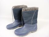 a pair of blue boots that are on a white surface