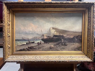 une image d'un tableau représentant un bateau sur la plage