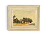 un tableau représentant un paysage avec des arbres et des maisons au loin