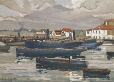 a painting of a harbor with boats in the water