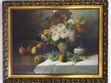 a painting of a vase of flowers and fruit on a table