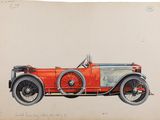 dessin représentant une vieille voiture rouge avec un homme assis au volant