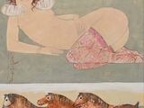 tableau représentant une femme allongée par terre à côté de deux chevaux