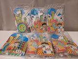 a lot of party supplies in bags on a table