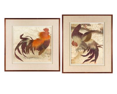Japon, vers 1900 Deux broderies sur soie représentant des co…