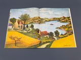 an open book with a picture of a farm and a lake