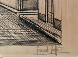 a black and white drawing of a train on the tracks