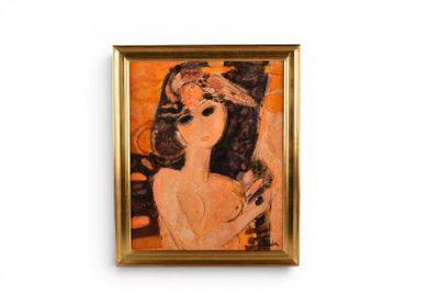 tableau représentant une femme coiffée d'un chapeau et tenant une cigarette, dans un cadre doré
