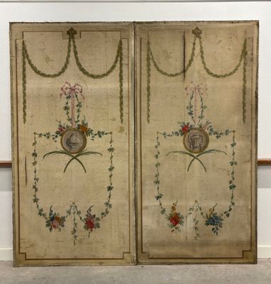 pair of antique embroidered panels with a portrait of a man and a woman