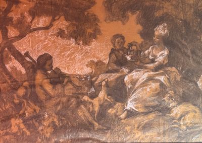 un dessin représentant un groupe de personnes dans une zone boisée