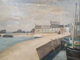 un tableau représentant un bateau amarré à un quai