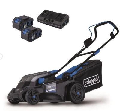 une tondeuse à gazon filaire bleue et noire équipée de deux batteries