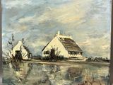 an oil painting of a house and a boat in a body of water