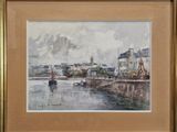 une image représentant une aquarelle d'un bateau sur une rivière