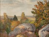 une image représentant un tableau où l'on voit des rochers et des arbres dans un champ
