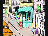 a picture of a painting of people walking down the street