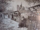 un dessin représentant une femme assise sur un banc dans la neige