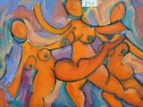 painting of a group of people in oranges and purples on a blue background