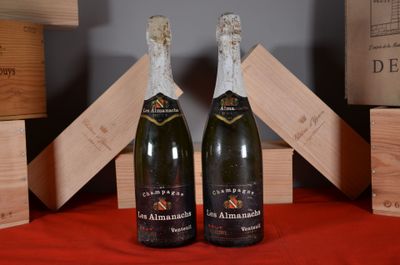 two bottles of champagne sitting next to each other on a table