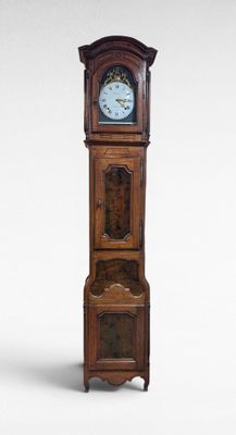 a tall wooden grandfather clock on display against a white background