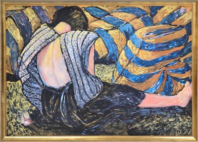 un tableau représentant une femme assise sur un canapé