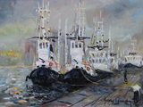 painting of boats docked in a harbor on a cloudy day