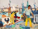 a painting of a group of people on a beach