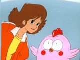 a cartoon picture of a woman and a pink bird