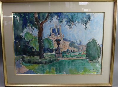 aquarelle encadrée représentant un château et des arbres dans un champ