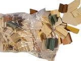many pieces of wood in a bag on a white surface