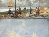 two paintings of people on a beach with boats and people on the shore