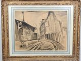 an old drawing of a street scene with buildings and a man on a ladder