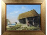an oil painting of a couple of men standing outside of a thatched house