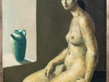 an oil painting of a nude woman sitting in front of a vase