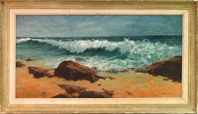 une peinture à l'huile représentant une scène de plage avec des rochers et des vagues