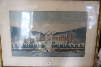 tableau encadré représentant un palais avec une fontaine au premier plan
