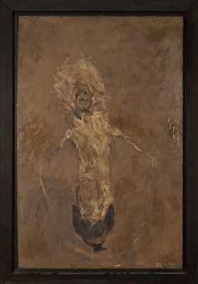 une peinture à l'huile représentant une tête de cheval, dans un cadre marron