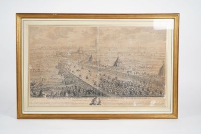 an old drawing of a city with a lot of people in it