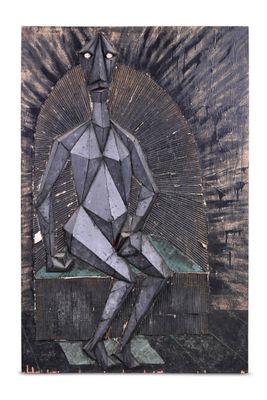 painting of a man sitting on a bench in front of a brick wall