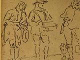 an old drawing of three men and a dog standing next to each other