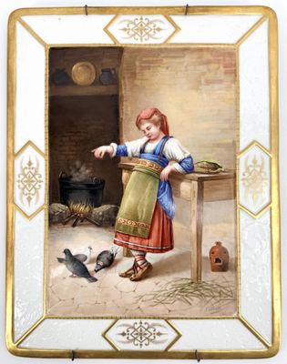 an image of a painting of a woman feeding birds in a kitchen
