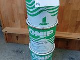 a stack of three buckets with a sign on them