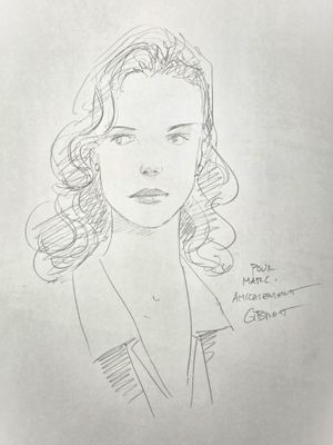 un dessin représentant une femme aux cheveux bouclés, vêtue d'une veste