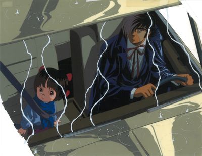illustration of a man and a woman in a car looking out of a window