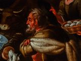 a painting of a man with a basket of eggs in front of a cow