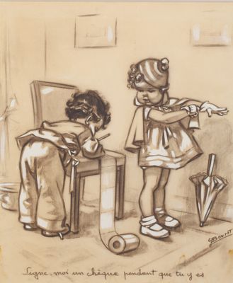 dessin représentant deux enfants jouant au baseball dans un salon