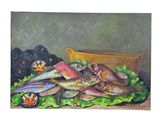 a painting of fish on a plate with lettuce