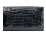 a black crocodile skin wallet with a gold clasp