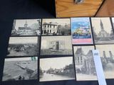 several old black and white photographs of a city and a wooden box
