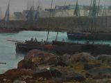 a painting of a harbor with boats on the water